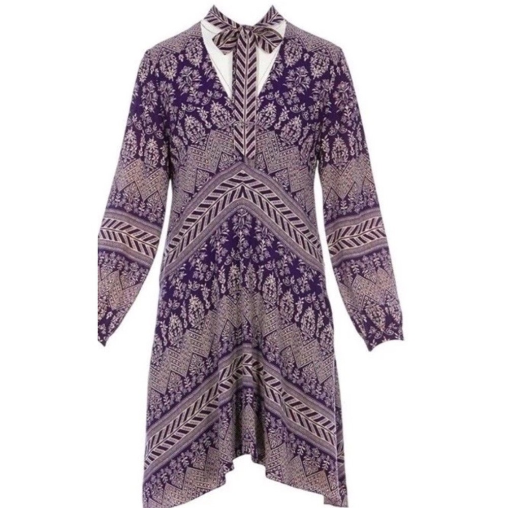 Tory Burch Bourdelle Silk Tunic Dress Womens 8  M Purple Cream Midi Whimsical